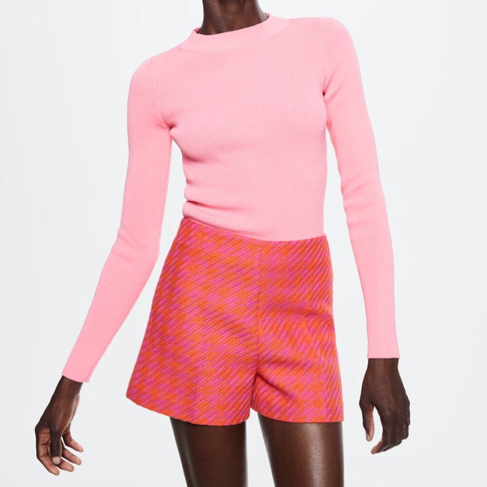 Mango pink High collar ribbed knit sweater